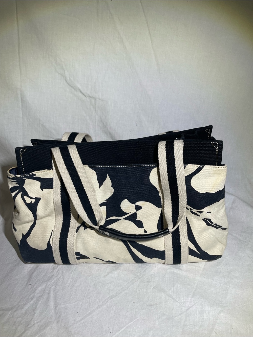Tommy Hilfiger Navy and Cream Floral Canvas Tote with Striped Handles